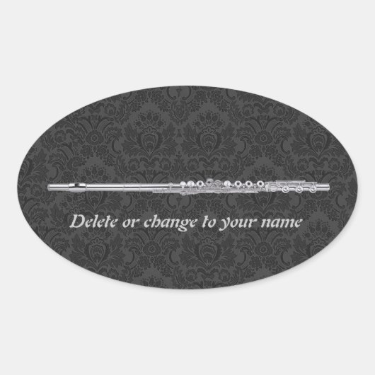 Silver Flute over Black Damask Oval Ovale Sticker (Voorkant)