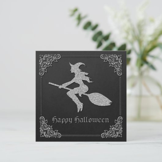 Silver Flying Witch Halloween Wenskaart (Staand voorkant)