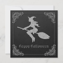 Silver Flying Witch Halloween Wenskaart