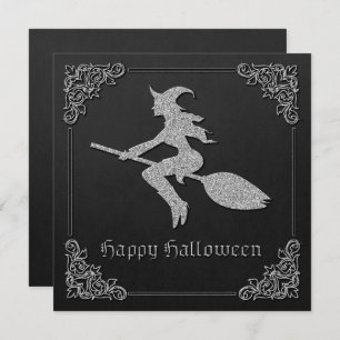 Silver Flying Witch Halloween Wenskaart