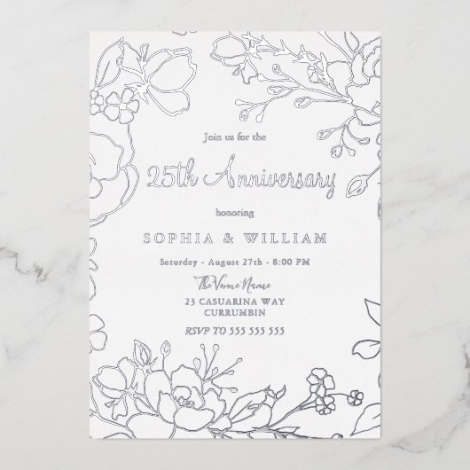 Silver Foil 25th Wedding Jubileum Folie Uitnodiging (Voorkant)