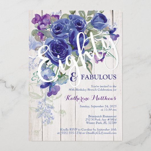 Silver Foil 80 Blue Waterverf Roos Invite Folie Uitnodiging (Voorkant)