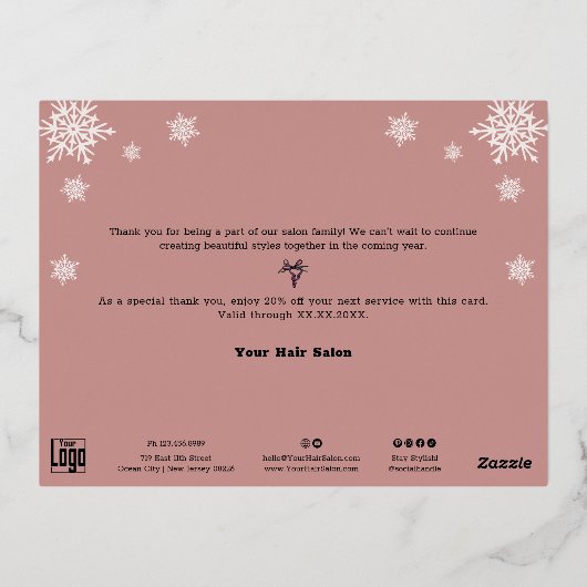 Silver Foil Accents Snowflakes Roze Vakantie Kaart (Achterkant)