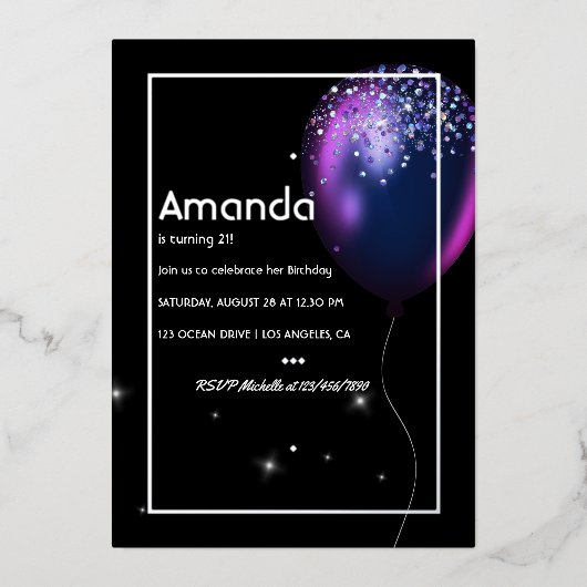 Silver Foil Ballon Birthday Invitation Folie Uitno Folie Uitnodiging (Voorkant)
