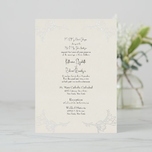 Silver Foil Beige Two Venue Beide ouders bruiloft  Folie Uitnodiging (Staand Voorkant)