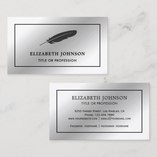 Silver Foil Black Feather  Quill Pen Visitekaartje (Voorkant / Achterkant)