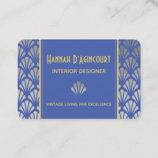 Silver Foil & Blue Art Deco Fans Pattern Chic Visitekaartje (Voorkant)