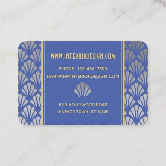 Silver Foil & Blue Art Deco Fans Pattern Chic Visitekaartje (Achterkant)
