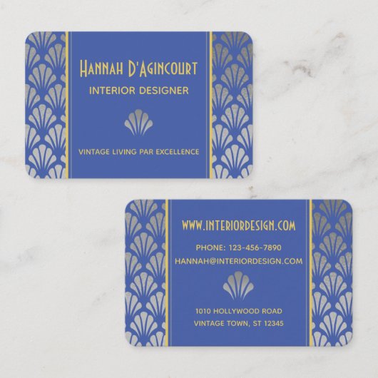 Silver Foil & Blue Art Deco Fans Pattern Chic Visitekaartje (Voorkant / Achterkant)