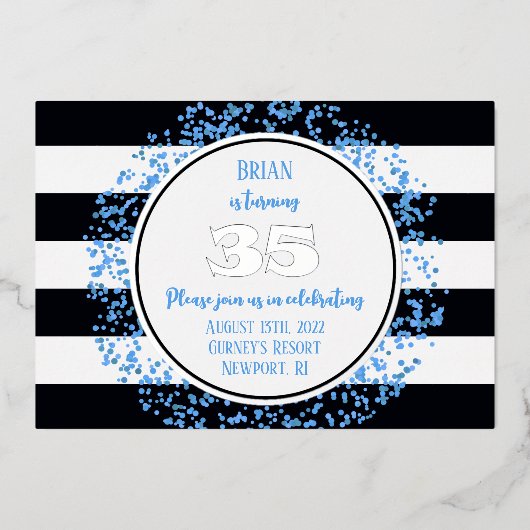 Silver Foil Blue Dot 35th Birthday Invitation Foli Folie Uitnodiging (Voorkant)