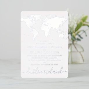 Silver Foil Blue Wereldkaart Destination Wedding Folie Uitnodiging