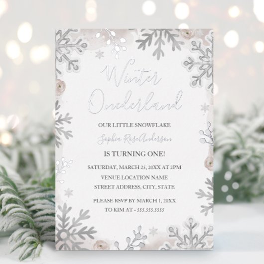 SILVER FOIL Blush Winter Onederland 1e verjaardag Folie Uitnodiging
