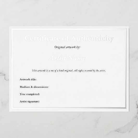 Silver Foil Certificate of Authenticity for Art Folie Uitnodiging (Voorkant)
