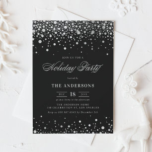 Silver Foil Confetti Black Holiday Party Kaart