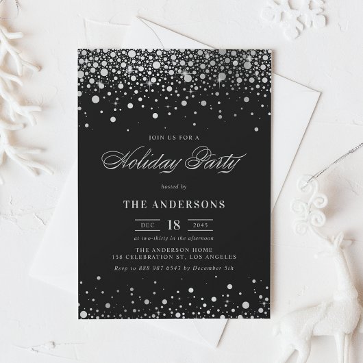 Silver Foil Confetti Black Holiday Party Kaart