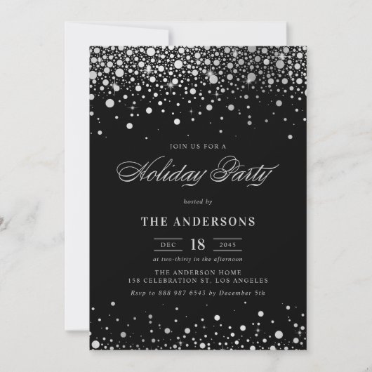 Silver Foil Confetti Black Holiday Party Kaart (Voorkant)
