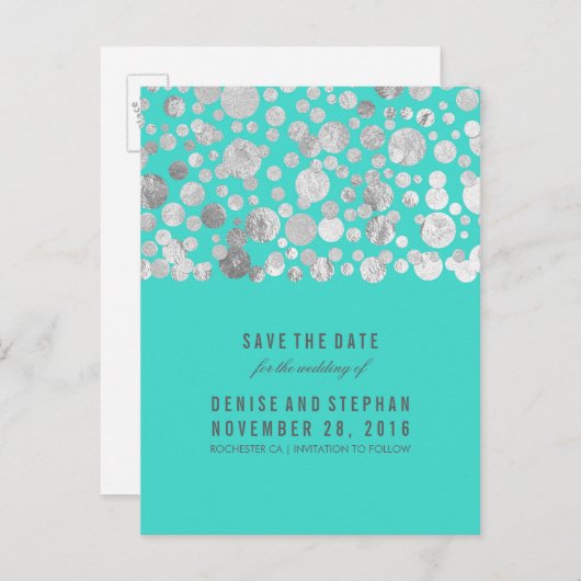 Silver Foil Confetti Blauwgroen Save the Date Aankondigingskaart (Voorkant / Achterkant)
