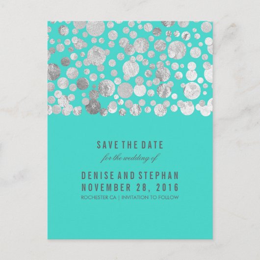 Silver Foil Confetti Blauwgroen Save the Date Aankondigingskaart (Voorkant)