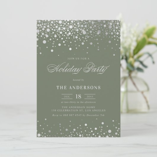 Silver Foil Confetti Taupe Green Holiday Party Kaart (Staand voorkant)