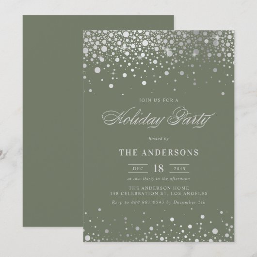 Silver Foil Confetti Taupe Green Holiday Party Kaart (Voorkant / Achterkant)