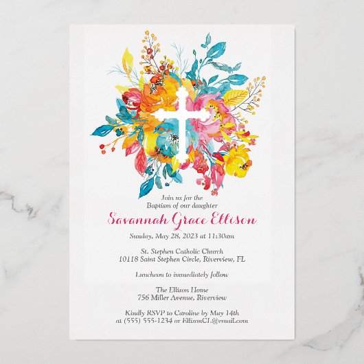 Silver Foil Cross met Waterverf Flowers Baptisme Folie Uitnodiging (Voorkant)