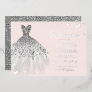 SILVER FOIL Dress Butterfly Quinceanera Folie Uitnodiging