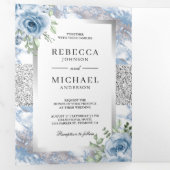Silver Foil Dusty Blue Floral Marble Photo Wedding Drieluik Uitnodiging (Binnenzijde eerst)