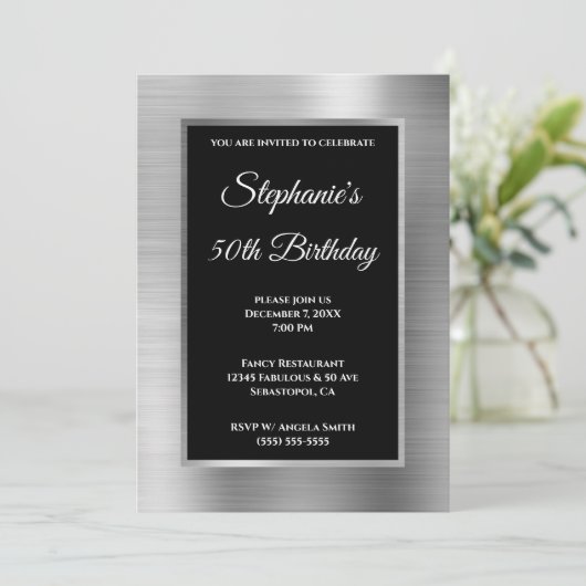 Silver Foil en Black 50th Birthday Kaart (Staand voorkant)