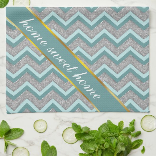 Silver Foil en Blauwgroen ZigZag Theedoek (Gevouwen)