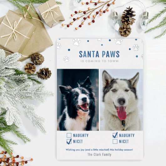 Silver Foil en Blue Santa Paws Two Dog Photo Card Folie Feestdagenkaart