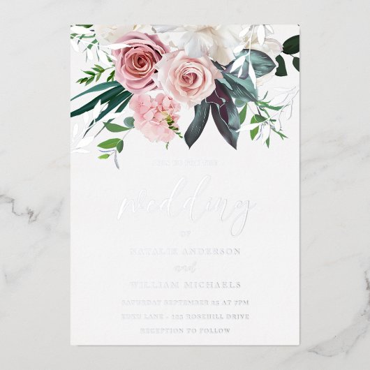 Silver Foil en Blush Floral Wedding Folie Uitnodiging (Voorkant)