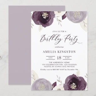 Silver Foil en Purple Flowers Chic Birthday Party Kaart
