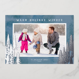 Silver Foil Evergreen Trees Blue Kerstmis Folie Feestdagenkaart