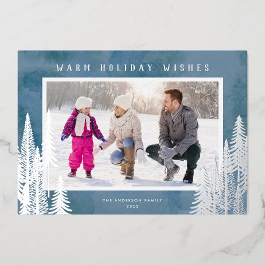 Silver Foil Evergreen Trees Blue Kerstmis Folie Feestdagenkaart (Voorkant)