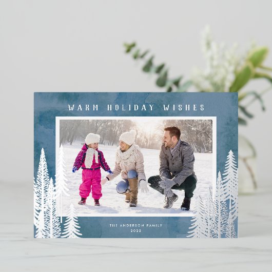 Silver Foil Evergreen Trees Blue Kerstmis Folie Feestdagenkaart (Staand Voorkant)