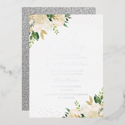 SILVER FOIL Floral 25th Jubileum Folie Uitnodiging (Voorkant / Achterkant)