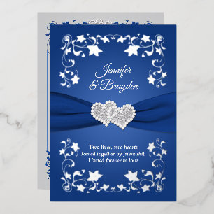 Silver Foil Floral, Joined Hearts Wedding Folie Uitnodiging