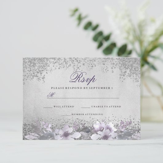 Silver Foil Floral Paars Wedding RSVP (Staand voorkant)