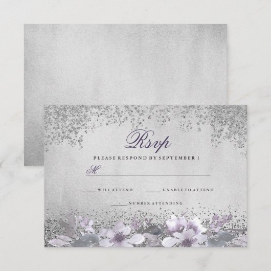 Silver Foil Floral Paars Wedding RSVP (Voorkant / Achterkant)
