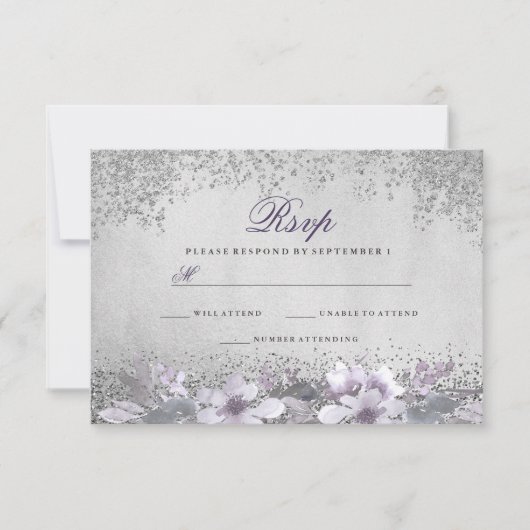 Silver Foil Floral Paars Wedding RSVP Kaartje (Voorkant)