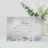 Silver Foil Floral Paars Wedding RSVP Kaartje (Staand voorkant)