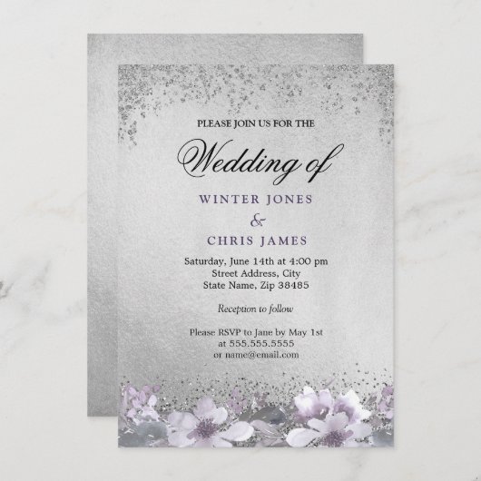 Silver Foil Floral Paarse Weddenschap Kaart (Voorkant / Achterkant)