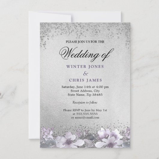 Silver Foil Floral Paarse Weddenschap Kaart (Voorkant)