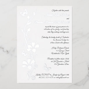 Silver Foil Flowers and Butterflies Wedding Invite Folie Uitnodiging