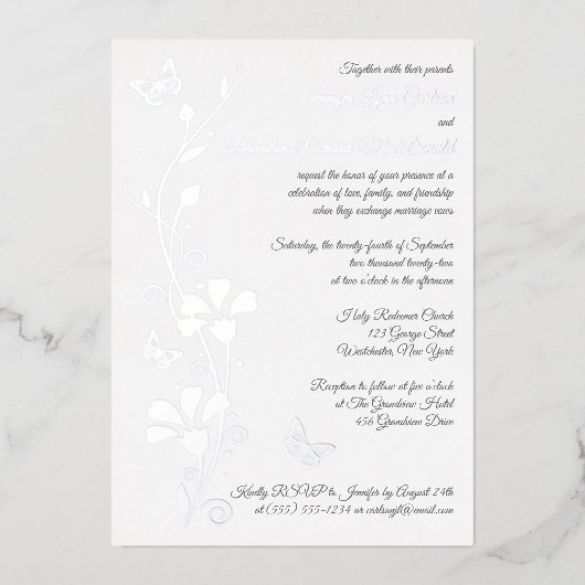Silver Foil Flowers and Butterflies Wedding Invite Folie Uitnodiging (Voorkant)