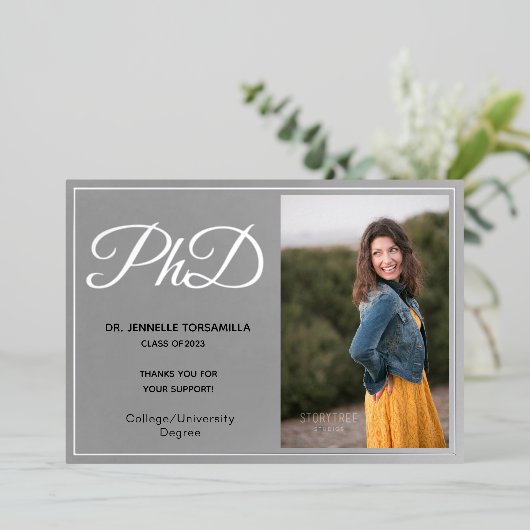 Silver Foil Foto PhD Afstuderen Hartelijk dank Folie Uitnodiging (Staand Voorkant)