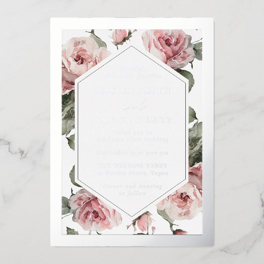 Silver Foil Frame Blush Floral Wedding Folie Uitnodiging (Voorkant)