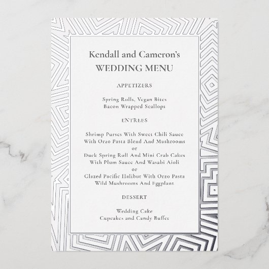Silver Foil Geometric Border Wedding Menu Sjabloon (Voorkant)