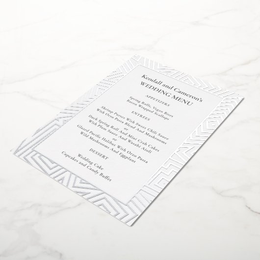 Silver Foil Geometric Border Wedding Menu Sjabloon (Gedraaid)