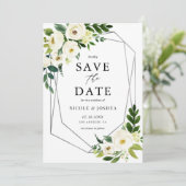 Silver Foil Geometric White Floral Lijst Spring Save The Date (Staand voorkant)